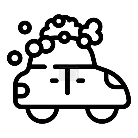 Ilustración del icono de lavado de coches con servicio de limpieza y mantenimiento de vehículos, con burbujas de jabón y agua, en un diseño de contorno simple y gráfico