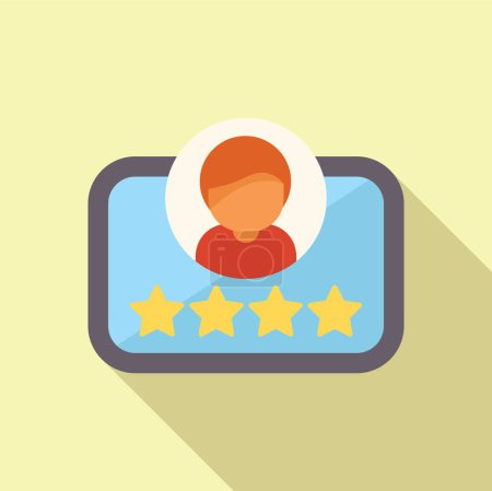 Icono de diseño plano con un perfil de usuario y una calificación de satisfacción del cliente de cinco estrellas