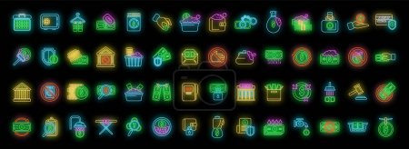Anti-money laundry icons set outline vector. Bank money. Crime fraud neon color on black