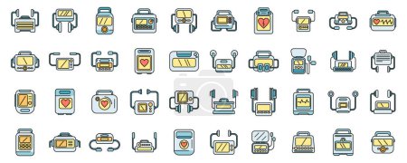 Defibrillator icons set outline vector. Aid ambulance. Automated electric thin line color flat on white
