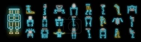 Exoskelett-Symbole setzen Umrissvektoren. Körper Cyber. Fortgeschrittene Zukunft Neonfarbe auf Schwarz