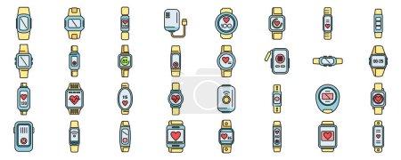 Wearable tracker icons set outline vector. Fitness bracelet. Wristband digital thin line color flat on white