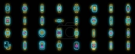 Wearable tracker icons set outline vector. Fitness bracelet. Wristband digital neon color on black