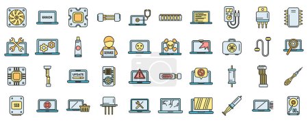 Illustration for Laptop repair icons set outline vector. Repair computer. Broken support thin line color flat on white - Royalty Free Image