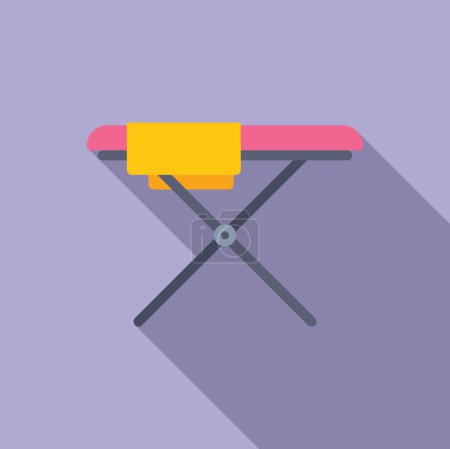 Diseño gráfico de una toalla amarilla envuelta sobre una tabla de planchar rosa con sombra, sobre un fondo púrpura