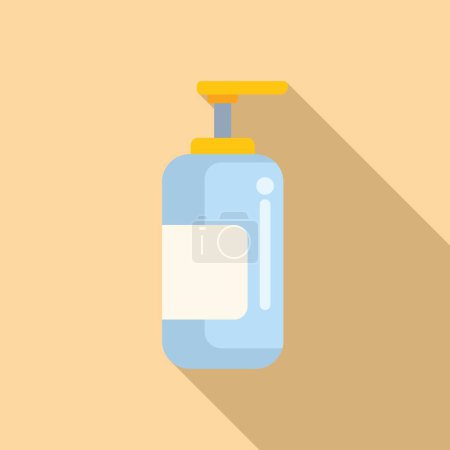 Ilustración de un dispensador de jabón líquido azul con bomba y etiqueta para higiene y lavado a mano. En un estilo de diseño plano con minimalista. Sencillo. Y elegantes elementos gráficos. Promover la limpieza