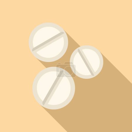 Illustration de trois comprimés ronds blancs projetant des ombres, symbolisant les soins de santé et les médicaments
