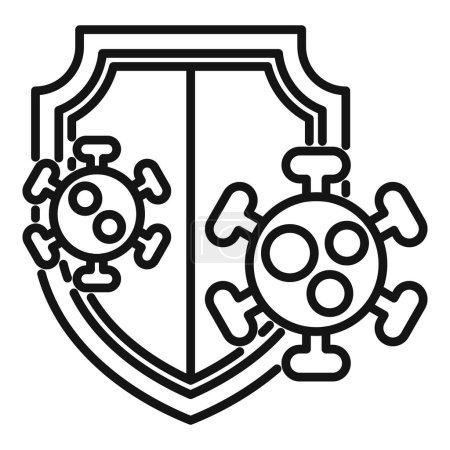 Black and white illustration of a shield with virus symbols, depicting health safety and defense