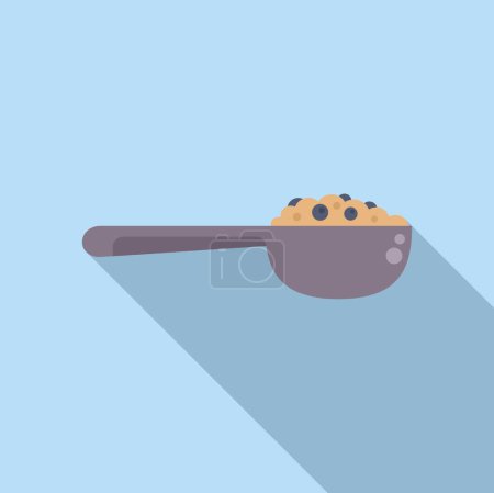 Imagen vectorial de diseño plano de una cuchara llena de cereales y bayas sobre un fondo azul pastel