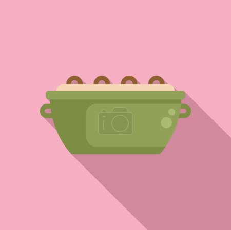 Flat design vector illustration of a stylish green casserole dish on a pink background
