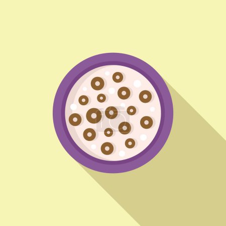 Illustration vectorielle d'un bol de céréales avec des boucles de chocolat et du lait, vue de dessus sur fond jaune