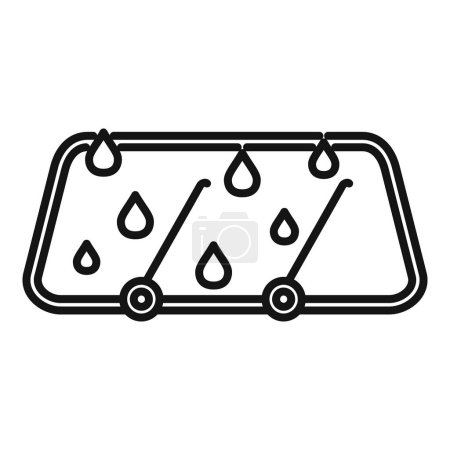 Icône d'art de ligne noire et blanche représentant un réservoir de liquide d'essuie-glace de pare-brise de voitures avec gouttes d'eau