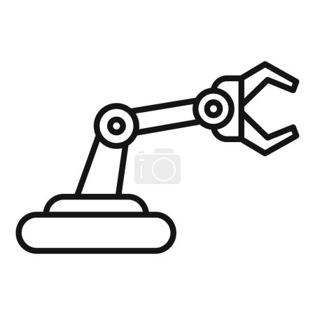 Black and white outline of a simple industrial robotic arm vector icon for automated manufacturing technology illustration