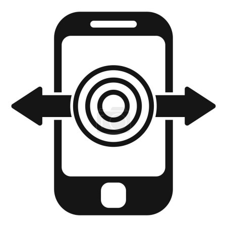 Schwarzer Silhouettenvektor eines Smartphones mit einem zentrierten Zielsymbol und horizontalen Pfeilen, die auf Bewegung oder Wischen hinweisen