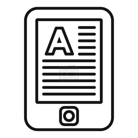 Vector illustration of a digital ereader icon in minimalist line art style. Depicting a modern technology device for reading ebooks. With a black and white graphic symbol isolated on a screen