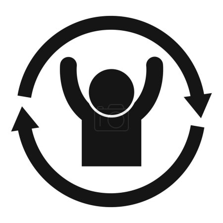 Black and white simple iconography of a person silhouette with raised arms in a circular arrow motivational image representing success and achievement as a symbol of victory. Goal completion