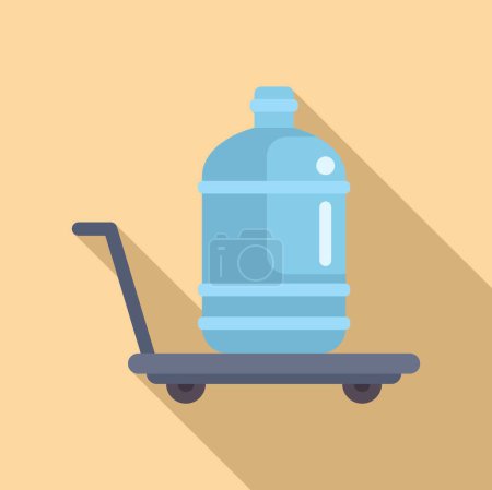 Vector illustration of a large water bottle on a hand truck with a long shadow on a beige background
