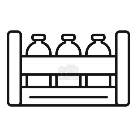 Schwarz-weiße Linienkunst Illustration von drei Milchflaschen in einer Holzkiste