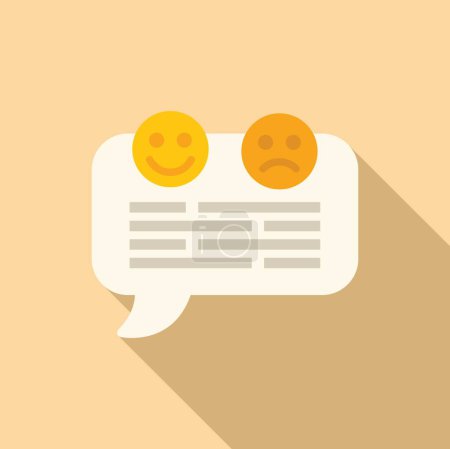 Ilustración vectorial de diseño plano que muestra una burbuja de voz con iconos sonrientes positivos y negativos que representan la retroalimentación del cliente