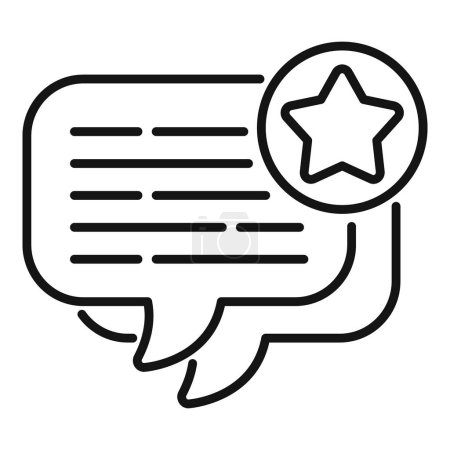 Black and white line art illustration of a speech bubble with text lines and a star