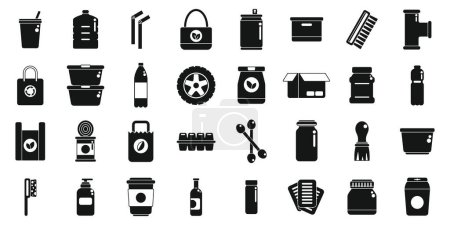 Products that can be reused icons set vector. A collection of black and white icons for various items such as a bottle, a can, a cup, a box, a bag, a spoon, a jar, a bottle opener, a can opener, a