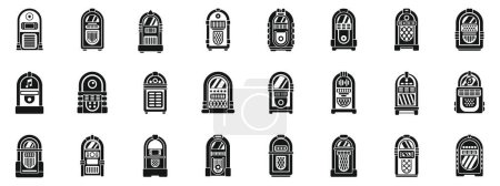Jukebox-Symbole setzen Vektor. Eine Kollektion historischer Jukeboxen in Schwarz und Weiß. Die Jukeboxen haben alle verschiedene Formen und Größen, aber sie haben alle ein nostalgisches Retro-Feeling