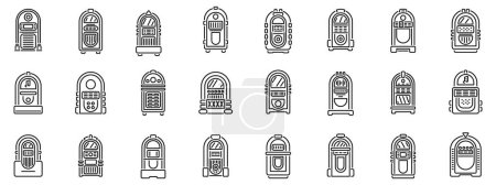 Jukebox-Symbole setzen Vektor. Eine Sammlung historischer Jukeboxen wird in einer Reihe gezeigt. Die Jukeboxen sind alle in verschiedenen Größen und Stilen erhältlich, aber sie haben alle ein nostalgisches Retro-Feeling. Sehnsuchtskonzept