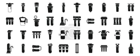 Filter for water purification icons set vector. A collection of black and white icons of various water filtration systems. The icons are arranged in a grid, with some overlapping each other. Scene is