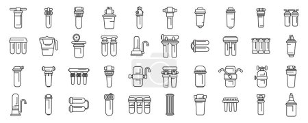Filter für Wasseraufbereitungssymbole setzen Vektor. Eine Sammlung von Wasserfiltern und -reinigern. Einige der Filter sind für Trinkwasser, andere für Kochwasser