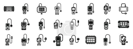 Auto-Diagnose-Scanner-Symbole setzen Vektor. Eine Sammlung elektronischer Geräte, darunter ein Mobiltelefon, eine Fernbedienung und ein Videospielcontroller