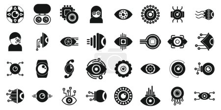 Augenimplantate Symbole setzen Vektor. Eine Sammlung von Schwarz-Weiß-Ikonen, darunter eine Person mit Uhr, eine Person mit Kamera und eine Person mit Computer