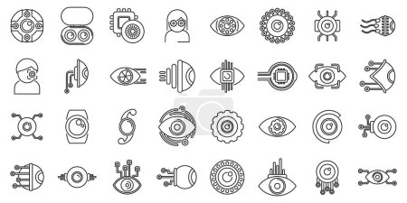 Augenimplantate Symbole setzen Vektor. Eine Sammlung von Ikonen für Technik und Wissenschaft. Zu den Symbolen gehören eine Person mit Brille, eine Uhr, eine Kamera und ein Roboter. Die Symbole sind alle in schwarz-weiß gehalten