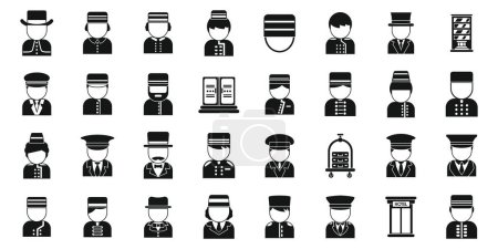 Icônes de portier ensemble vecteur. Une collection d'icônes en noir et blanc de personnes dans diverses professions. Les icônes incluent un homme dans un chapeau