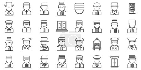 Icônes de portier ensemble vecteur. Une collection d'icônes en noir et blanc de personnes dans diverses professions. Les icônes incluent un homme dans un chapeau
