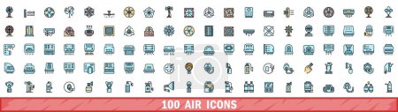 100 iconos de aire listos. Línea de color conjunto de iconos de vector de aire línea delgada de color plano sobre blanco