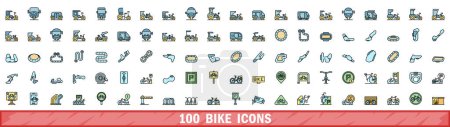 100 bike icons set. Color line set of bike vector icons thin line color flat on white