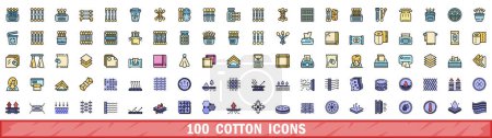 Ensemble de 100 icônes en coton. Ensemble de lignes de couleur d'icônes vectorielles en coton couleur de ligne mince à plat sur blanc