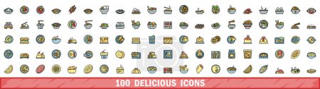 100 icônes délicieuses ensemble. Ensemble de lignes de couleurs de délicieuses icônes vectorielles couleur de ligne mince à plat sur blanc