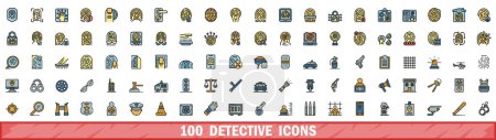 Illustration for 100 detective icons set. Color line set of detective vector icons thin line color flat on white - Royalty Free Image