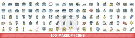 100 iconos de maquillaje. Línea de color conjunto de iconos de vectores de maquillaje línea delgada de color plano en blanco