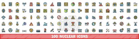 100 nukleare Symbole gesetzt. Farbe Linie Satz von Nuklearvektorsymbolen dünne Linie Farbe flach auf weiß