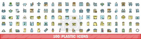 100 plastic icons set. Color line set of plastic vector icons thin line color flat on white