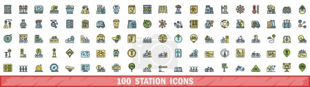 100 station icons set. Color line set of station vector icons thin line color flat on white