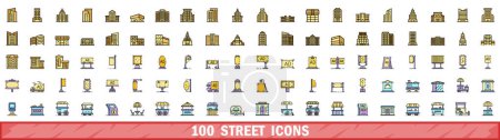 Téléchargez les illustrations : Ensemble de 100 icônes de rue. Ensemble de lignes de couleurs d'icônes vectorielles de rue couleur de ligne mince à plat sur blanc - en licence libre de droit