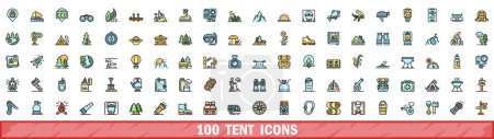 Ensemble de 100 icônes de tente. Ensemble de lignes de couleurs d'icônes vectorielles de tente couleur de ligne mince à plat sur blanc