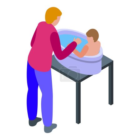 Isometrische Illustration, die eine Betreuerin zeigt, die ein kleines Kind sanft in einer Badewanne badet