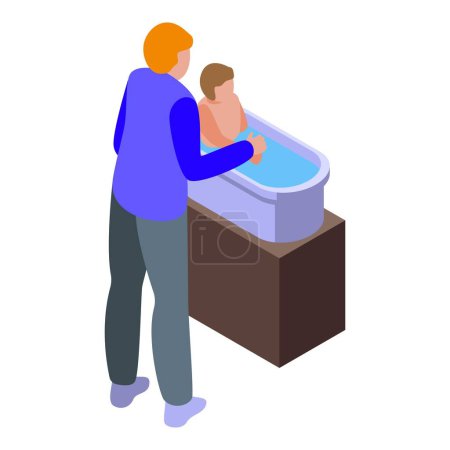 Ilustración isométrica de un padre bañando a su hijo en una pequeña bañera