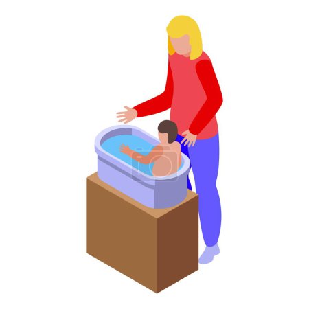 Illustration isométrique d'une mère baignant son bébé dans une petite baignoire bleue