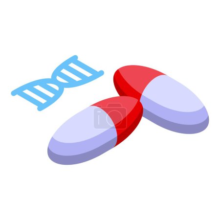 Isometric illustration of genetic medicine concept with colorful pills and dna, showcasing advancements in personalized biotechnology and pharmaceuticals in the modern healthcare industry