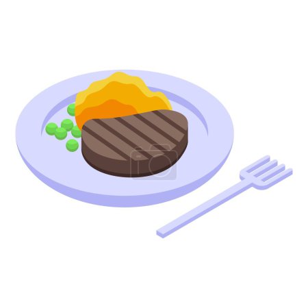 Modern isometric vector illustration of a delicious grilled steak dinner with mashed potatoes and peas on a plate, perfect for restaurant menus and culinary designs